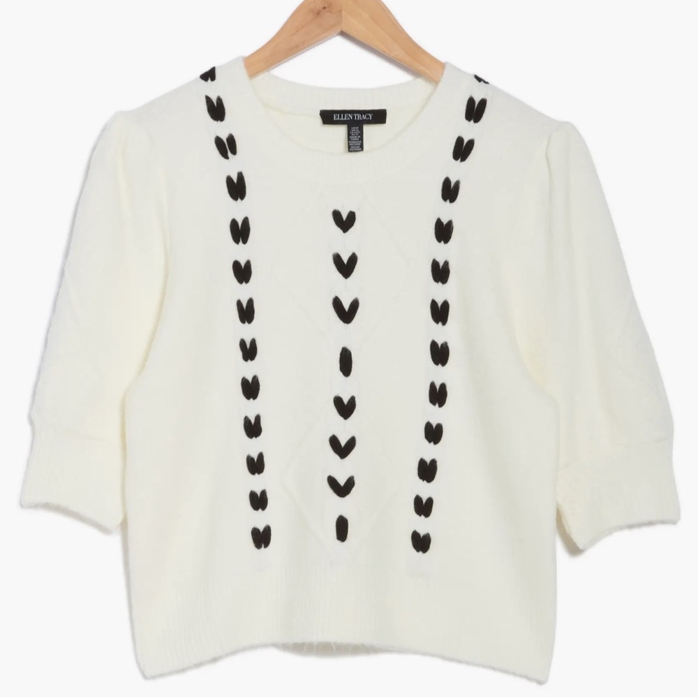 ELLEN TRACY New Puff Short Sleeve White Black Heart Crop Knit Sweater Sz Large - Picture 3 of 11